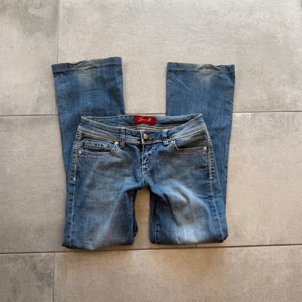 Seven7 Vintage Y2K Bedazzled 2 Petite Low Rise Bootcut Jeans Blue Denim